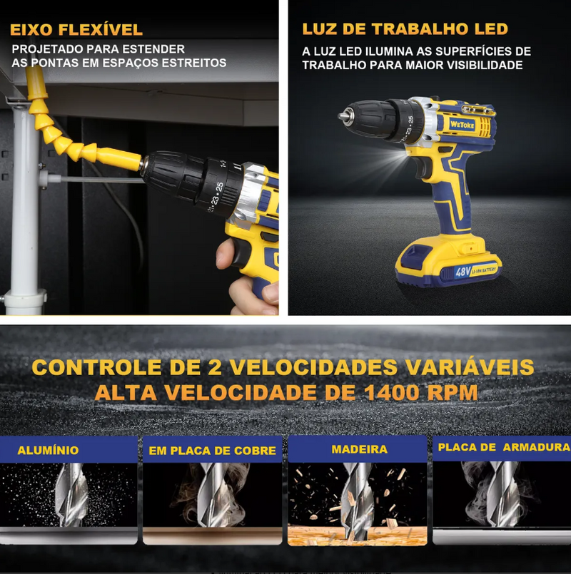 Parafusadeira e Furadeira Impacto Sem Fio 36v Maleta 2 Bateria Amarelo 50 Hz/60 Hz