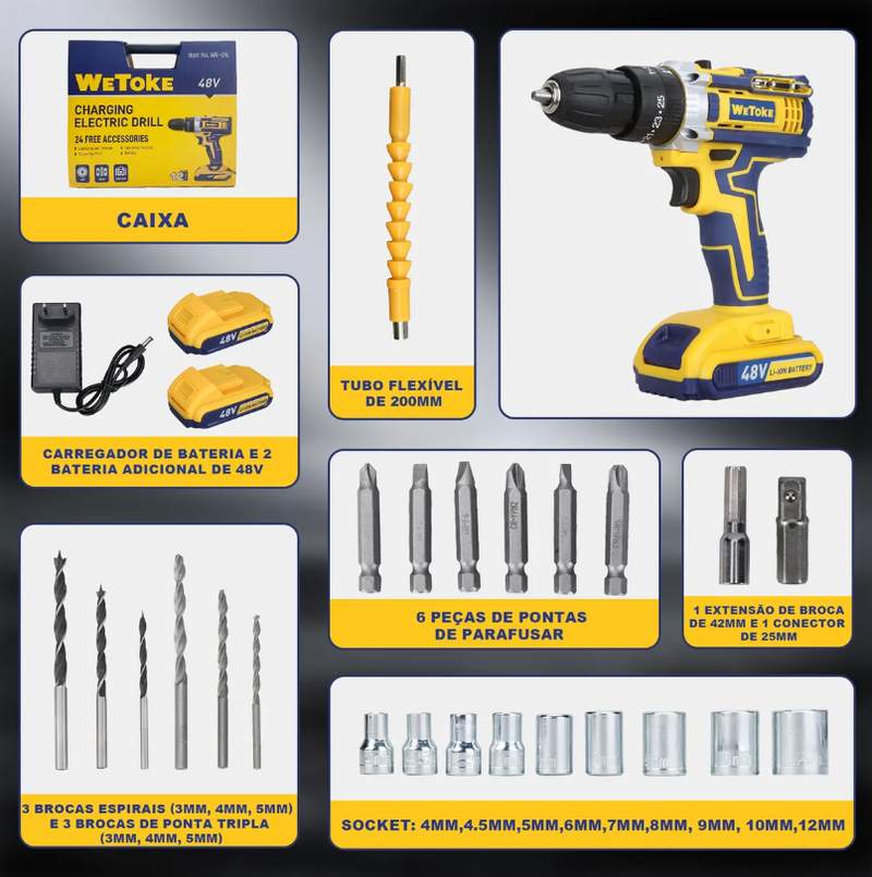 Parafusadeira e Furadeira Impacto Sem Fio 36v Maleta 2 Bateria Amarelo 50 Hz/60 Hz